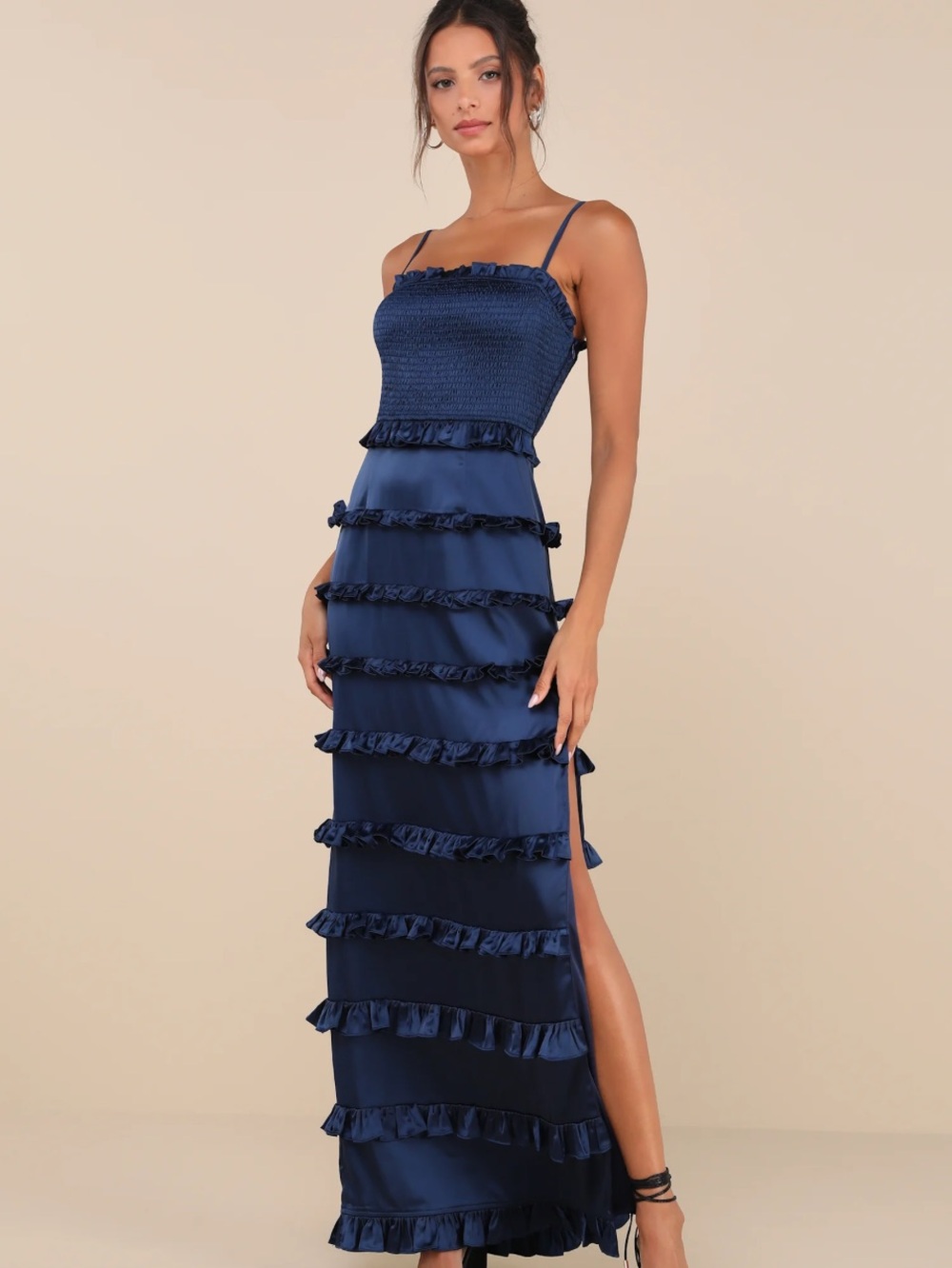 New Lulus Sincerely Fabulous Navy Ruffle-Tier Satin Maxi Dress - Women's Sz XL - Picture 7 of 8